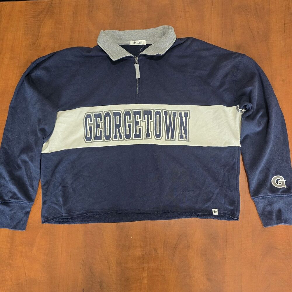 47 Womens Georgetown Hoyas Long Sleeve Q-Zip Cropped Colorblock Pullover L